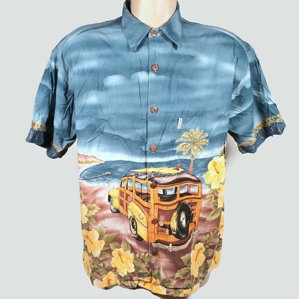 Koko Island Hawaiian Aloha Shirt Woodie Station Wagon Surfboard Lg